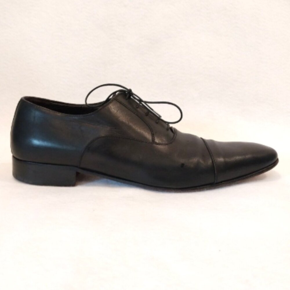 A Testoni Basic Dress Shoes Mens 11 Black Leather Cap Toe Lace Oxford Classic
